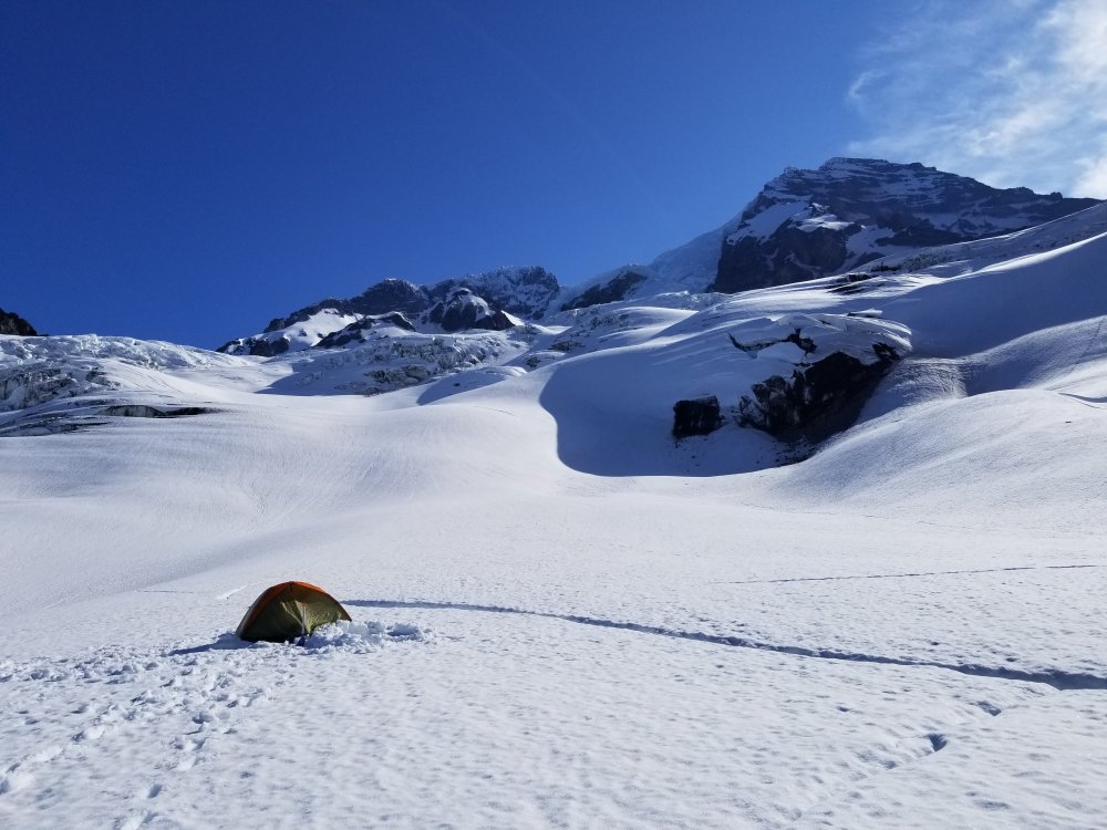 Morning view from Camp 1, looking toward the summit.
